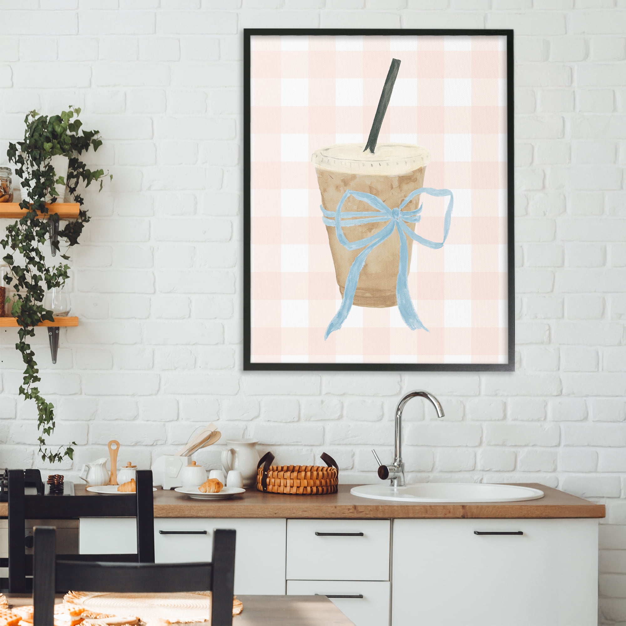 Stupell Industries Iced Coffee on Gingham Black Framed Giclee Art, design by Lucille Price