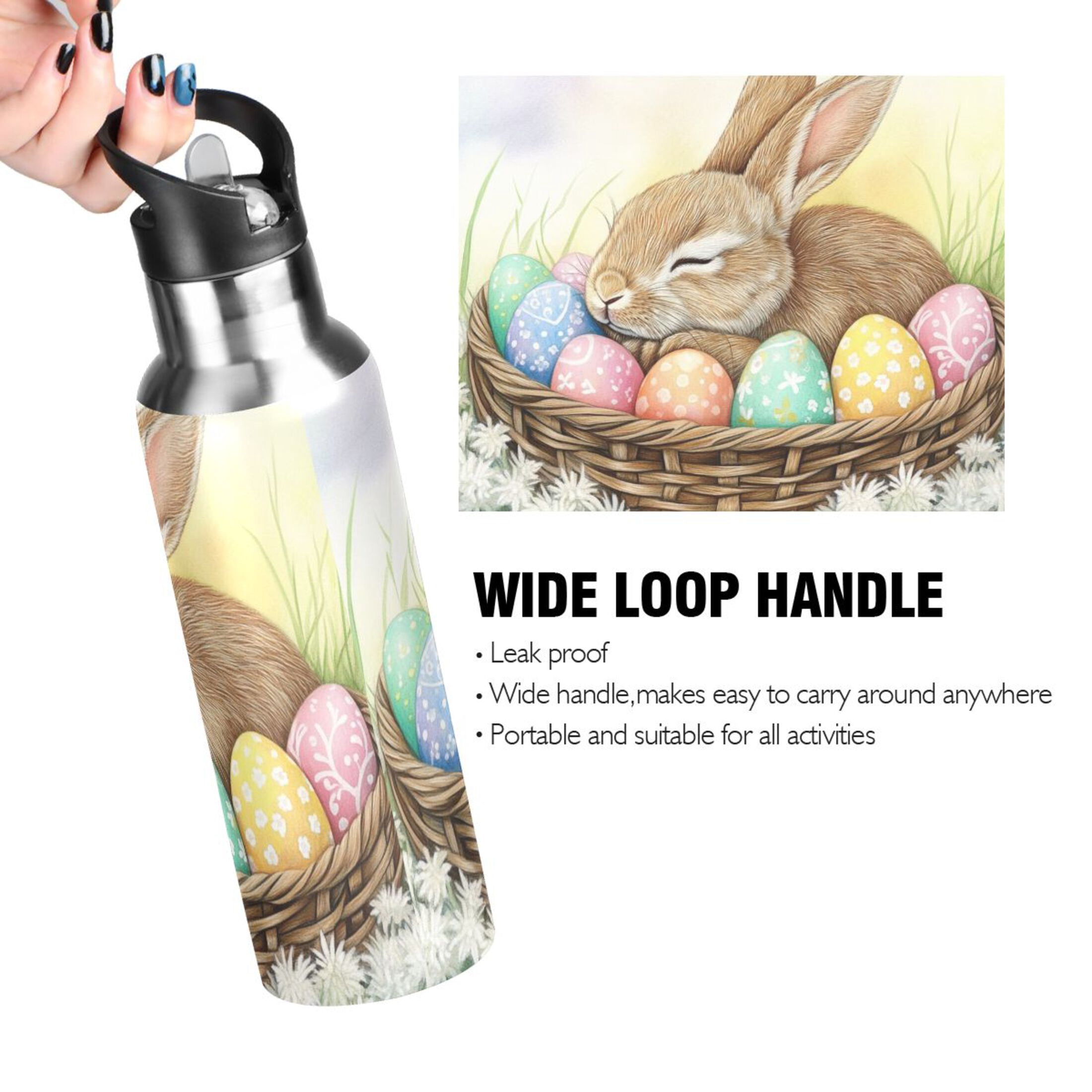 Rabbit Sleeping in Easter Basket Eggs Sports Bottle with Straw Stainless Steel Water Jug Portable Thermal Cup Leak-proof 1000ML