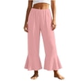 thumbnail image 2 of Bloomae Women's Wide Leg Linen Capri Pants Elastic High Waist Ruffle Hem Casual Loose Cropped Trousers Solid Color Lightweight Daily Lounge Capris with Pockets, 2 of 10