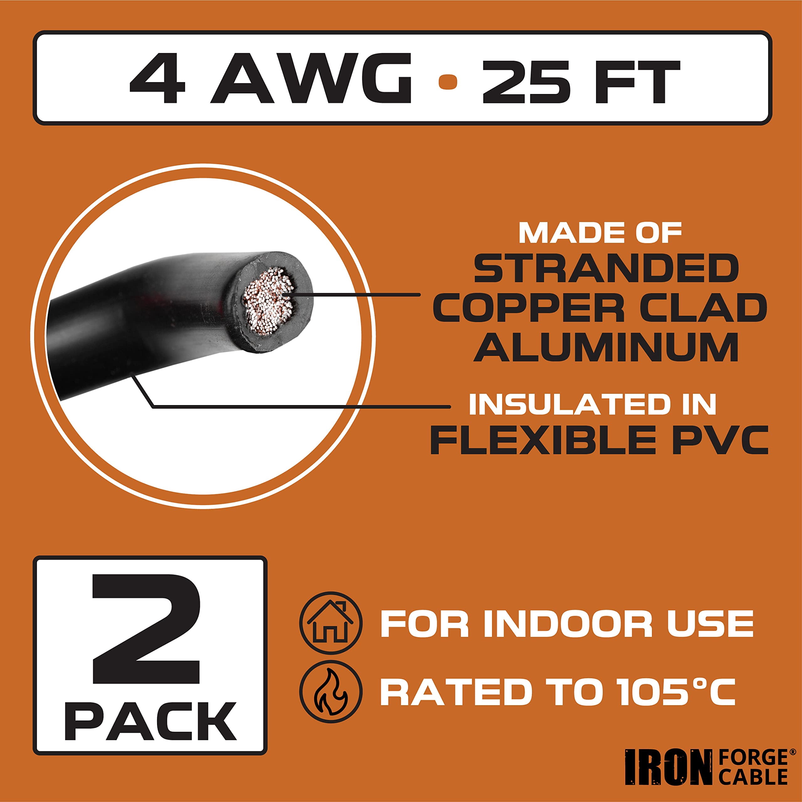 Iron Forge Cable 4 Gauge Wire - 2 Pack 25ft Copper Clad Aluminum Primary Wire - 4 AWG Heavy Duty Cables for Battery or Automotive - 1 Red and 1 Black