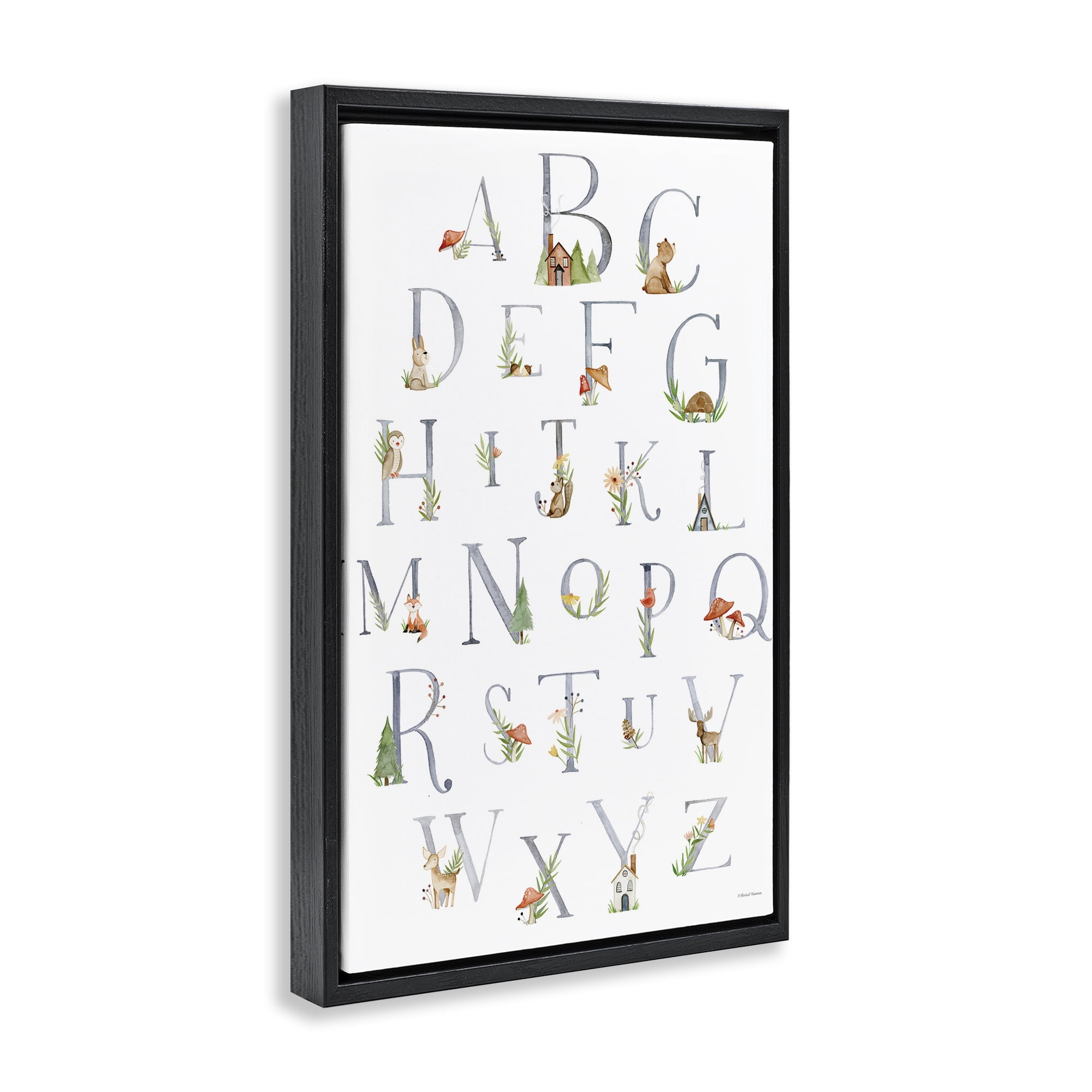 Stupell Industries Soft Cottage Alphabet Town & City Painting Black Floater Framed Art Print Wall Art, 17 x 25