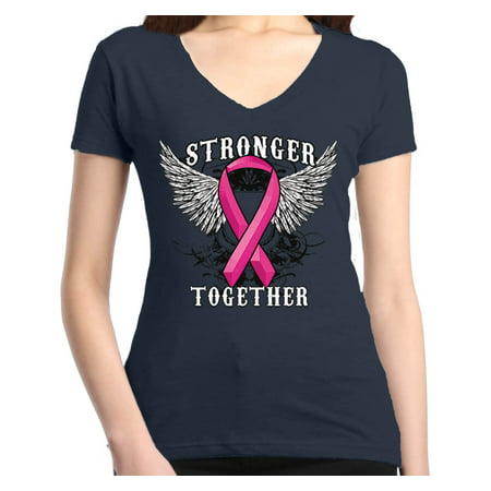 Shop4Ever Women's Stronger Together Breast Cancer Awareness Slim Fit V-Neck