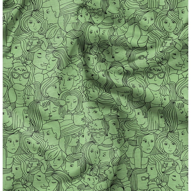 Soimoi Green Heavy Satin Fabric Human Face Print Fabric by Yard 54 Inch Wide