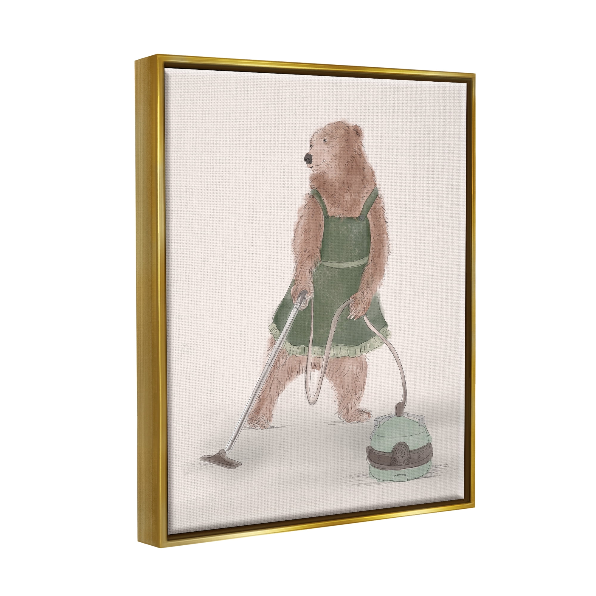 Stupell Industries Bear Vacuuming in Apron Animals & Insects Painting Gold Floater Framed Art Print Wall Art, 17 x 21