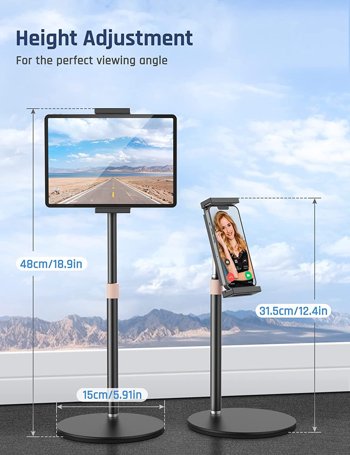 Tablet Stand Holder, Adjustable Height Tablet & Phone Stand for Desk, 360° Rotating Aluminum Metal Tablet Stand Mount Compatible for iPad Pro Air Mini, iPhone, Samsung, Kindle (4.7"-12.9")