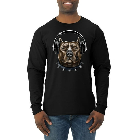 Bull Dog, Spiked Collar, and Headphones Animal Lover Mens Long Sleeve Shirt
