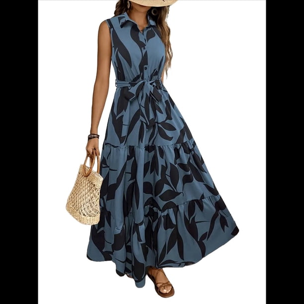 Vestido Maxi Floral de Verano para Mujer, Cuello Abotonado, Cintura Anudada, Volantes Escalonados, Sin Mangas, Estilo Bohemio, Azul M
