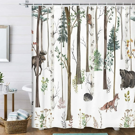 Rustic Forest Shower Curtain for Bathroom, Rustic Lodge Forest Cabin Shower Curtain Country Hunting Bathroom Curtain, Wild Animal Bear Moose Deer Fox in Forest Shower Curtain 70X84IN with 12PCS Hooks