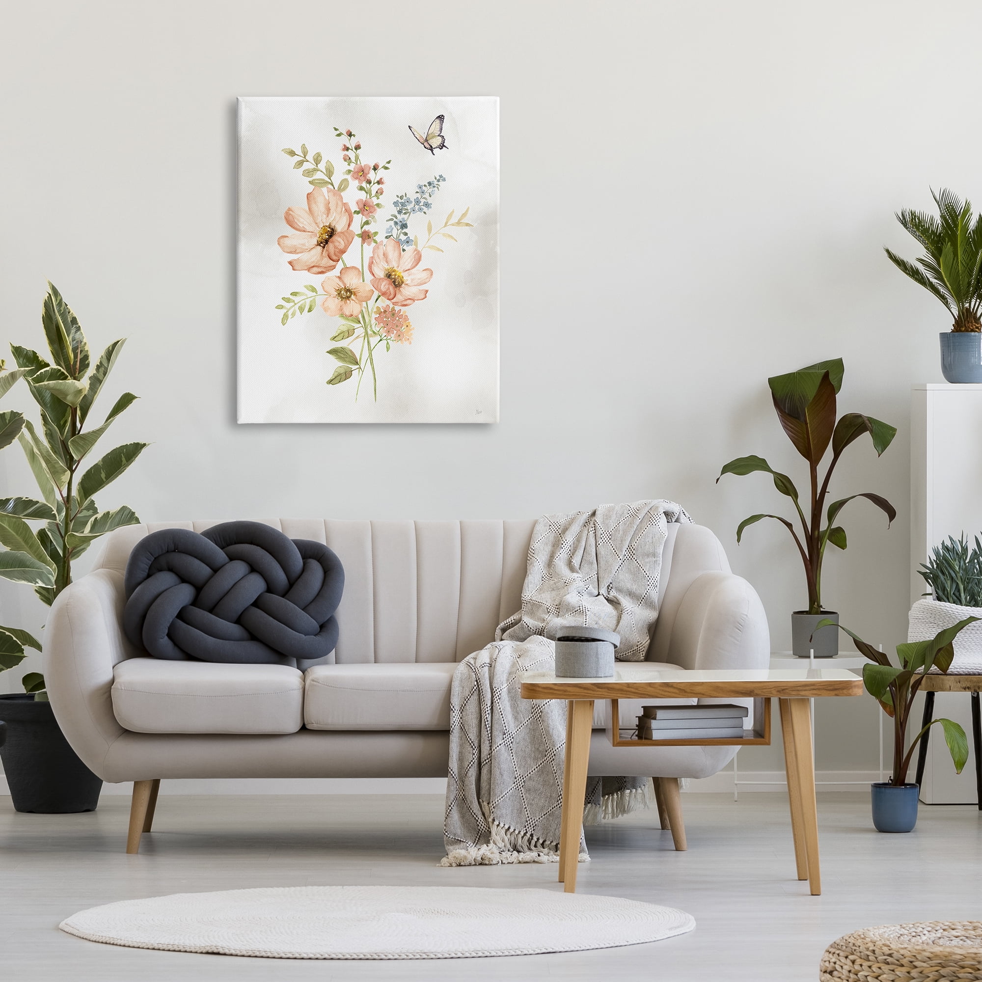 Stupell Industries Pink Daisies & Butterfly Botanical & Floral Painting Gallery Wrapped Canvas Art Print Wall Art, 30 x 40