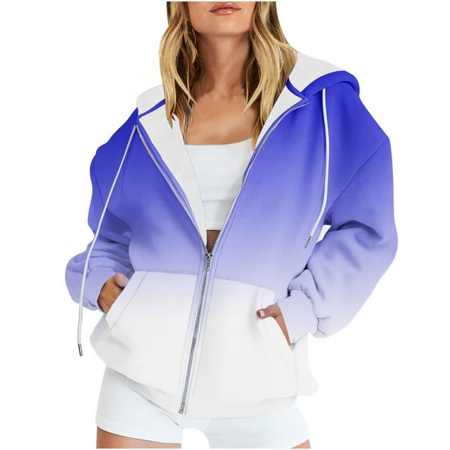 Timegard Cardigans pour Femmes Chandails à Capuchon à Fermeture Éclair Hauts Couleur Dégradée Décontractés Amples Chandail à Enfiler Poches