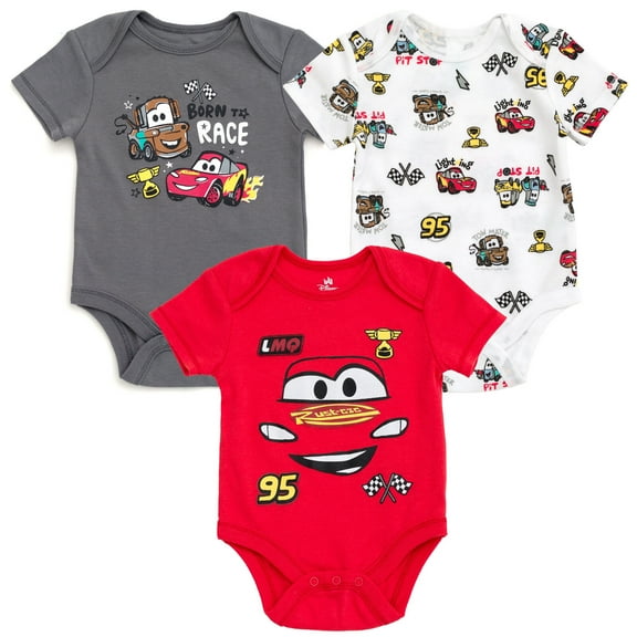 Disney Cars Lightning McQueen Tow Mater 3 Pack Bodysuits Newborn to Infant