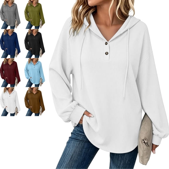 MLCDZ Hoodies for Women Button Drawstring Long Sleeve Hooded Casual Sweatshirt Fall Loose Fit Lightweight Outdoor Activities Sports Tops