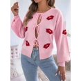 thumbnail image 4 of Women Jacquard Pattern Crew Neck Front Self Tie Cutout Lantern Long Sleeve Loose Knit Sweater Pink XL, 4 of 9