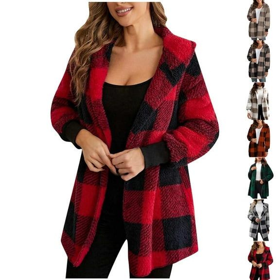 Womens Plaid Sherpa Fleece Hooded Jacket Open Front Long Sleeve Fuzzy Jackets Winter Warm Coat Outerwear