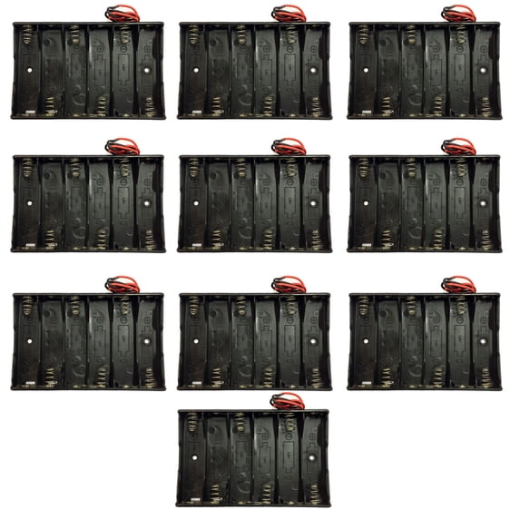 TrendBox Pack of 10pcs For 6xAA Battery 9V LR6 UM3 Black Plastic Storage Case Holder Clip Type with 6" Two Wire 22AWG Spring Lead Flat Tip Container DIY