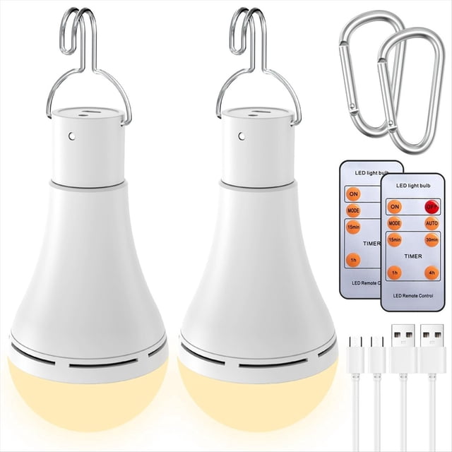 Bombilla Recargable USB con Control Remoto para de Energía en el Hogar, Bombilla LED Colgante con Gancho para Exteriores, Paquete de 2