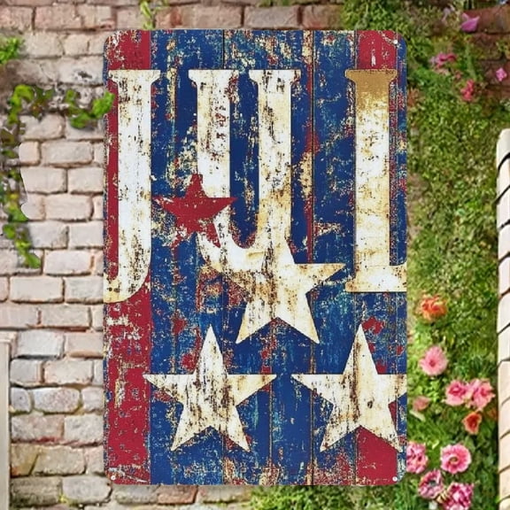 Vintage 4th of July Independence Day Metal Wall Sign - Rustic Tin Decor with Distressed Red, White & Blue Design for Home, Bar, Cafe, and Outdoor Celebrations