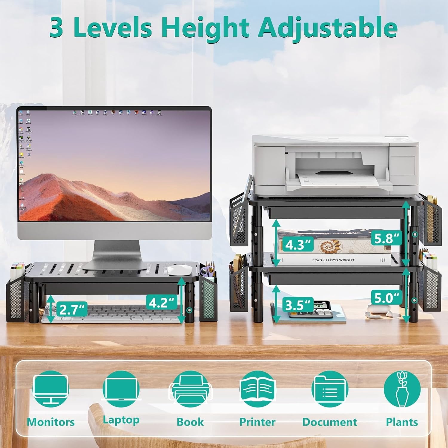 Computer Monitor Stand with Storage, Desk Organizer with Drawer and Pen Holder, Desk Monitor Riser 3 Height Adjustable, Laptop Riser for Computer, Laptop, Printer  , 1 Pack, Black