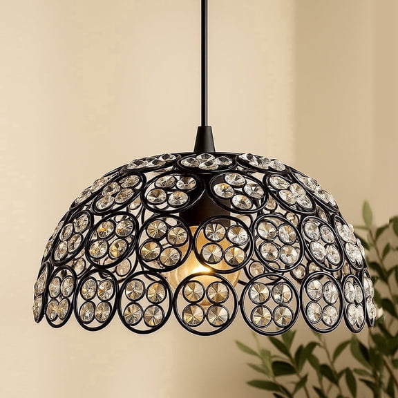 Matt Black Quad Crystal Hanging Hemisphere Light, Ceiling Light, Nordic E26 Pendant, Large