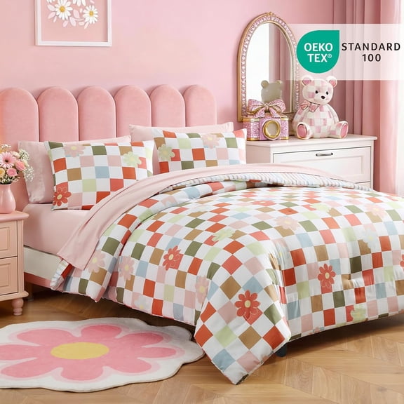 Twin XL Comforter Set for Girls, Colorful Checkered Bedding Set with Cute Floral, All Season Plaid Kids Bed in a Bag Dorm 5 Pieces with Sheets, Pillowcase & Sham