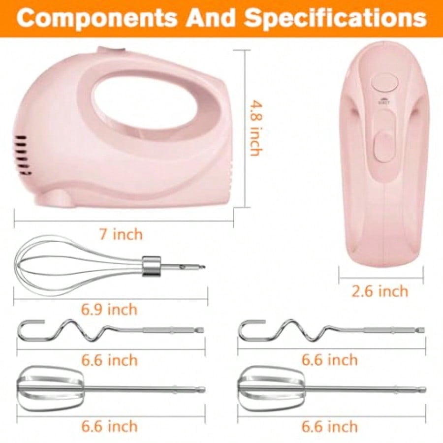 Handmixer Electric Handheld - 5 Speed Portable Kitchen Mixer Electric with 5 Stainless Steel Accessories Whisk Food Beater for Whipping Mixing Cookies Pink