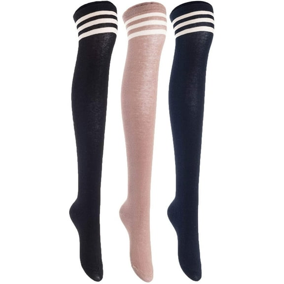 Lian LifeStyle Women's 3 Pairs Adorable Comfortable Soft Thigh High Over Knee High Cotton Socks Size 6-9 L1022Black, Kakhi, Navy