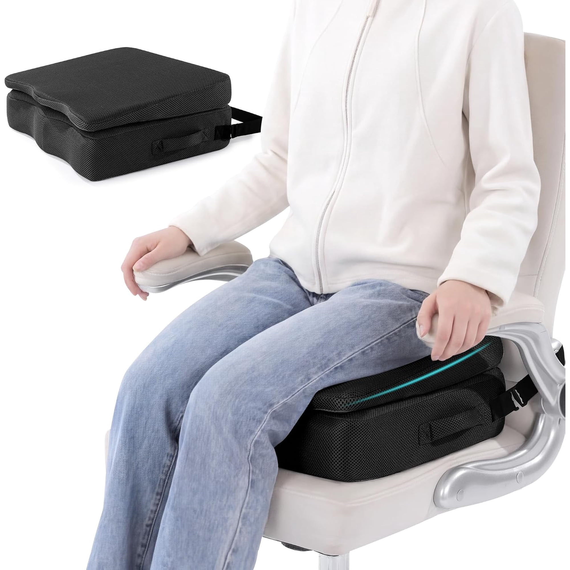 Adjustable Thick Seat Cushion to Raise Height, Ergonomic Hip Cushion Post Surgery for Long Sitting, Memory Foam Hip Replacement Recovery Aids with Anti-Slip Strap(Black)