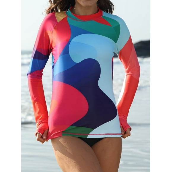 Charmo Women Color Blocked Swim Shirts Long Sleeve Rash Guard UPF 50+ UV Swimsuit Top