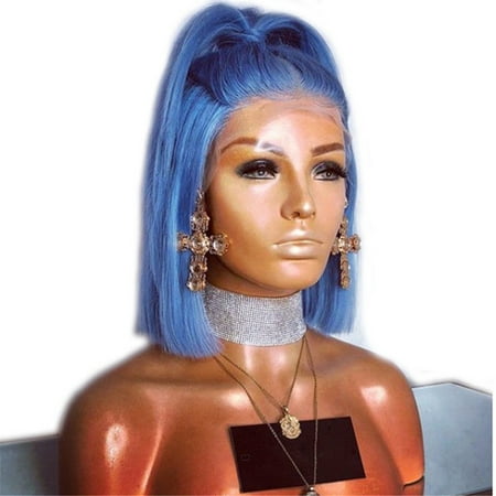 LDPT 10-16'' Light Blue GlueLess Lace Front Wig Fashion Synthetic Hair Bob Straight