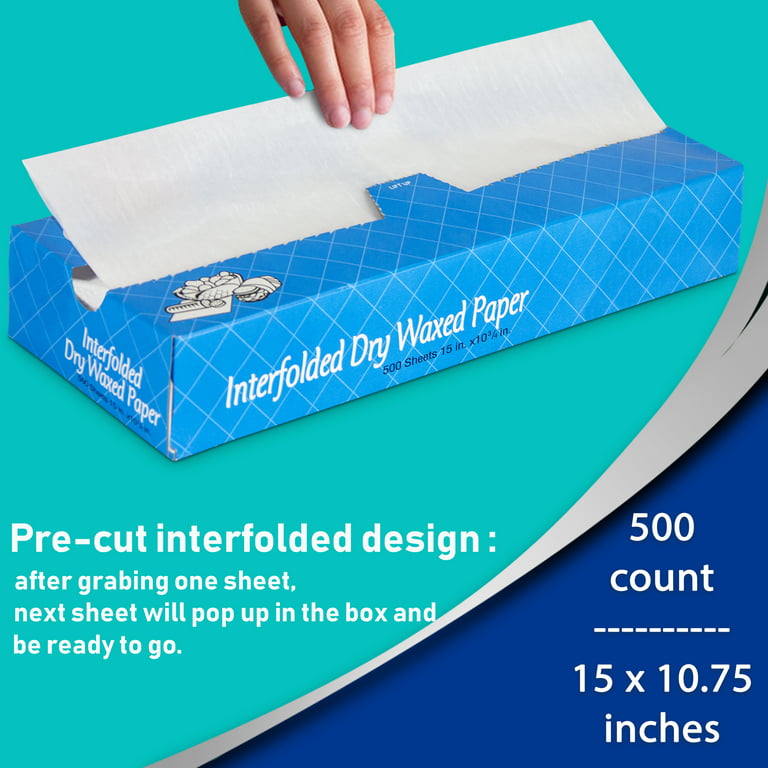 500 Interfolded Food and Deli Dry Wrap Wax Paper Sheets with Dispenser Box, 15 x 10.75 inch [500 Pack]