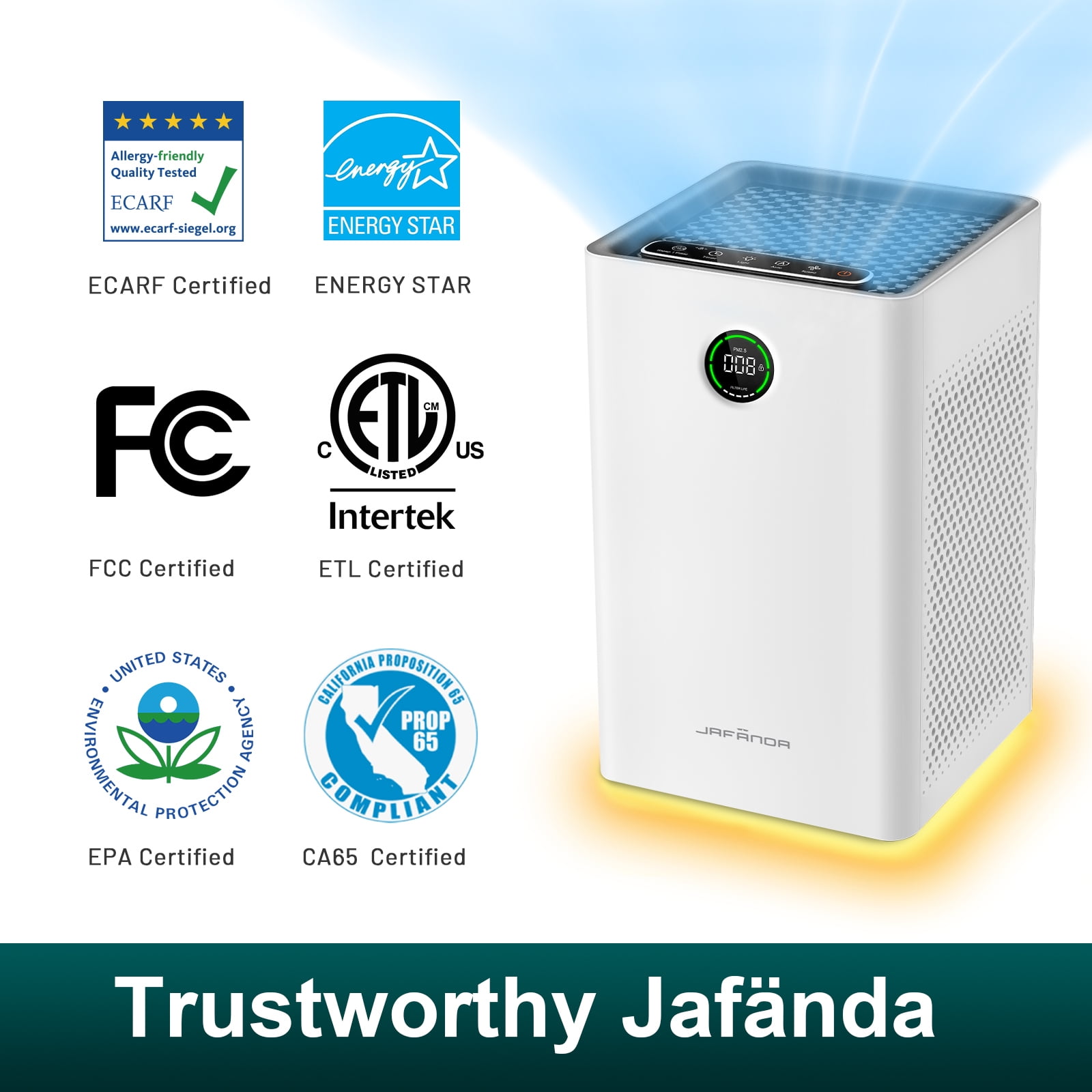 Jafanda Air Purifier for Home Bedroom, 1190 Sq.ft Coverage, True HEPA 13 Filter, Quiet, Removes Pollen, Allergens, Smoke, Odors