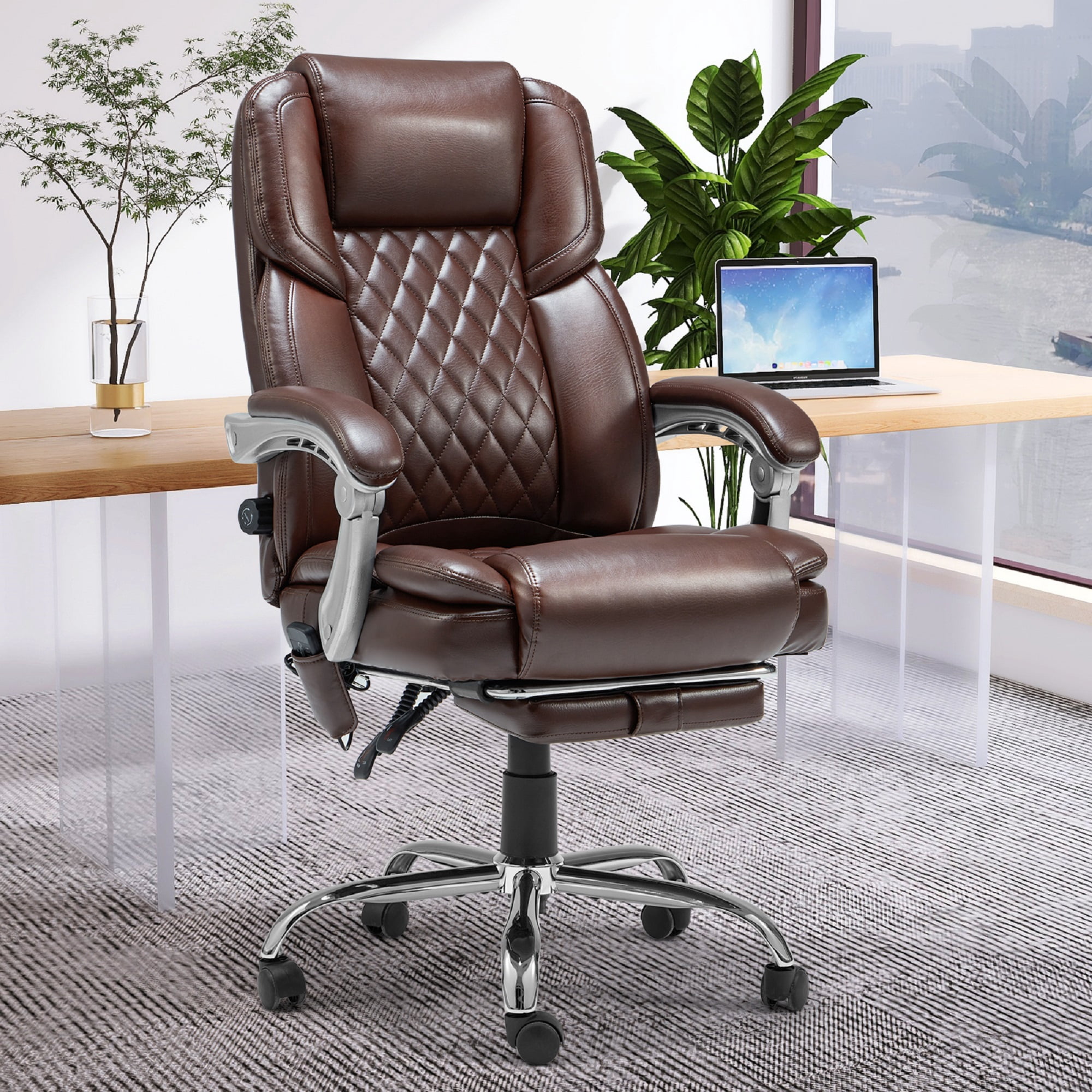 Homrest Executive Office Chair W/ Adjustable Lumbar Support,Massage Office Chair for Adult,Brown