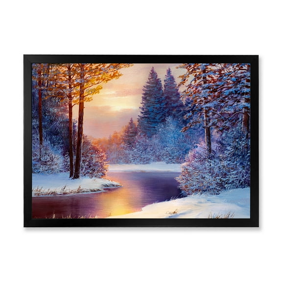 Designart 'Dark Blue Silhouettes of Trees With Winding River' Lake House Framed Art Print