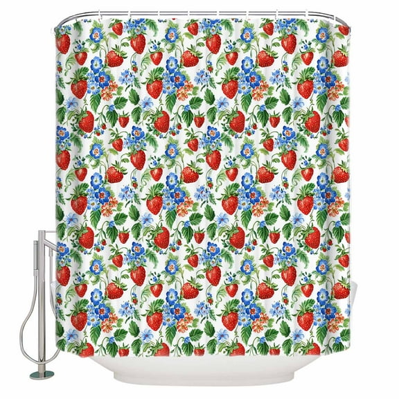 Extra Long Shower Curtain 72x84 Inch, Strawberry Shower Curtain Waterproof Bathroom Decor Summer Botanical Blue Spring Floral Fabric Bath Curtain Set Accessories with Hooks