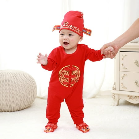 

uublik Infant Baby Boys Girls Bodysuits Long-sleeved Padded Thick the New Year section of the Tang Suit Onesie