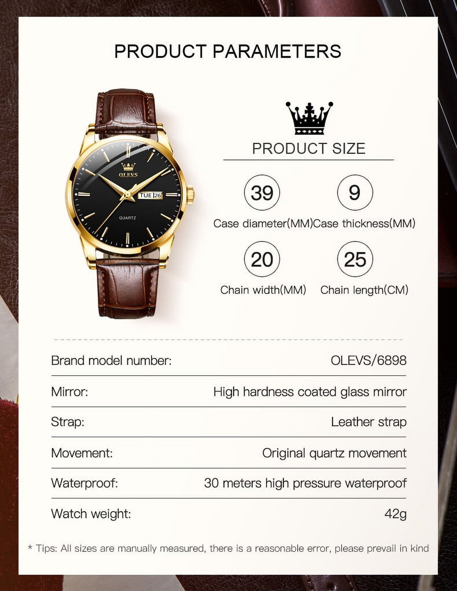 OLEVS Mens Watches,Brown Leather Watch for Men,Gold Plated Case Analog Quartz Fashion Business Dress Watch Luminous Waterproof Casual Male Wrist Watches Reloj para Hombre