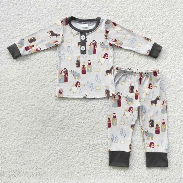 Venta al por mayor de luces de Navidad, ropa de dormir para niños, camisa de manga larga, conjunto de pantalones, traje para niños, pijamas a juego para niños y niñas, ropa de noche