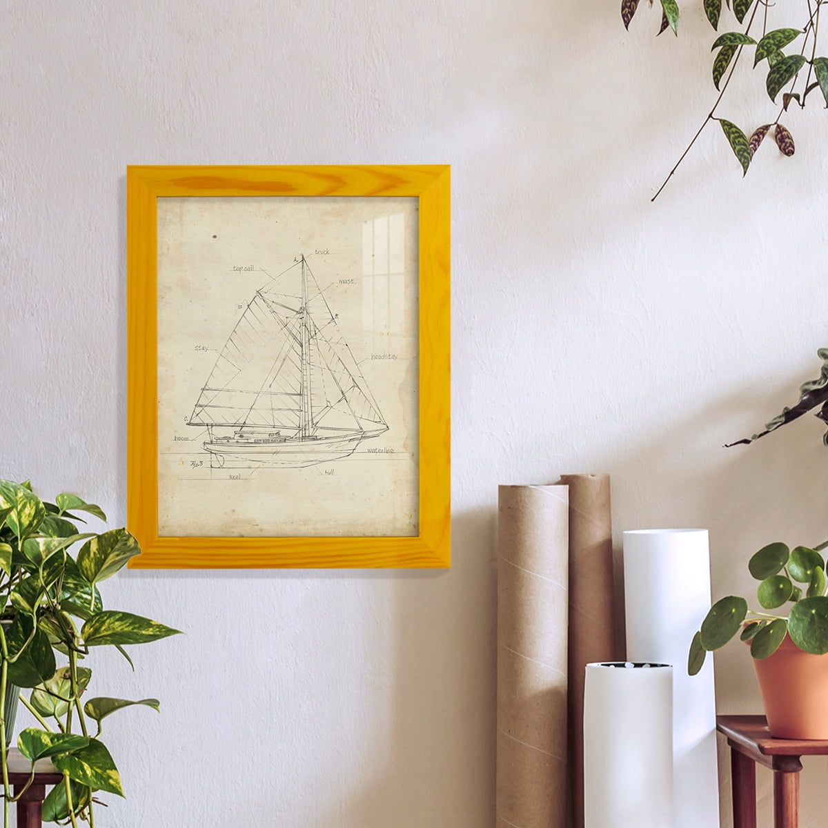Sailboat Blueprint III -Framed Print w/glass-Sunflower Yellow