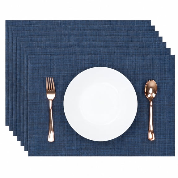 6 Pcs Navy Blue Placemats, Linen Table Mats, Thickened Kitchen Mats with Overcast Stitching, Heat-resistant, Non-slip, Machine Washable, 18 x 12 Inch