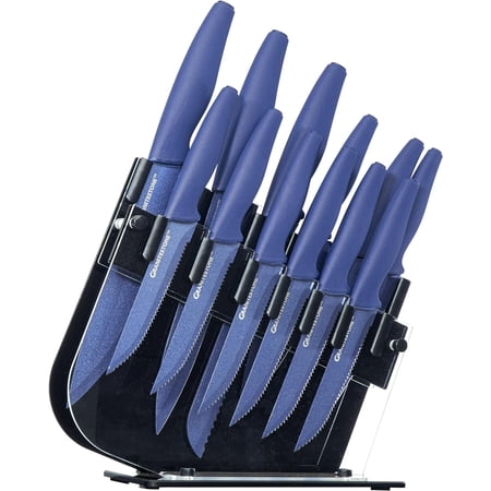 13-Piece Knife Set High-Grade Stainless Steel Blade Chef Kitchen Knives Set with Acrylic Block Includes 6-piece Kitchen Knife plus 6-piece Fully Serrated Steak Knife (Blue)