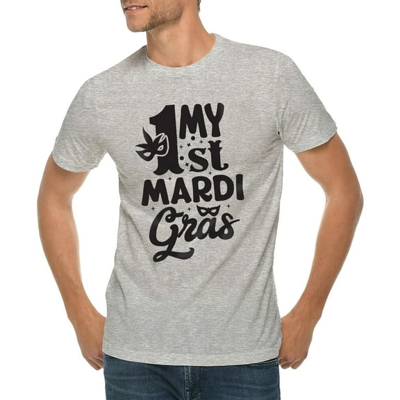 My 1st Mardi Gras Graphic Design Ring Spun Combed Cotton Short Sleeve Deluxe Jersey T-Shirt - Heather Grey XL
