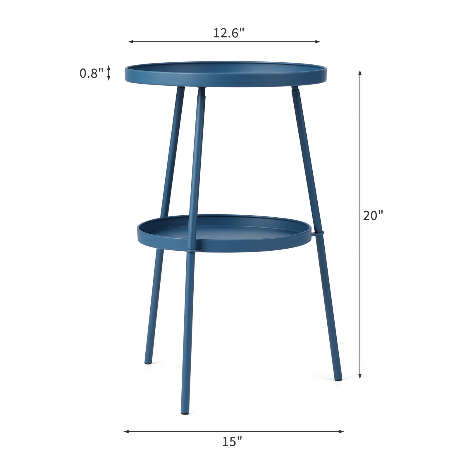 Round 2-Tier Small Side Table, Navy Blue Metal Frame, 12.6 Inch Diameter Compact End Table, Adjustable Non-Slip Feet, Indoor Outdoor Table for Living Room Bedroom Patio Balcony