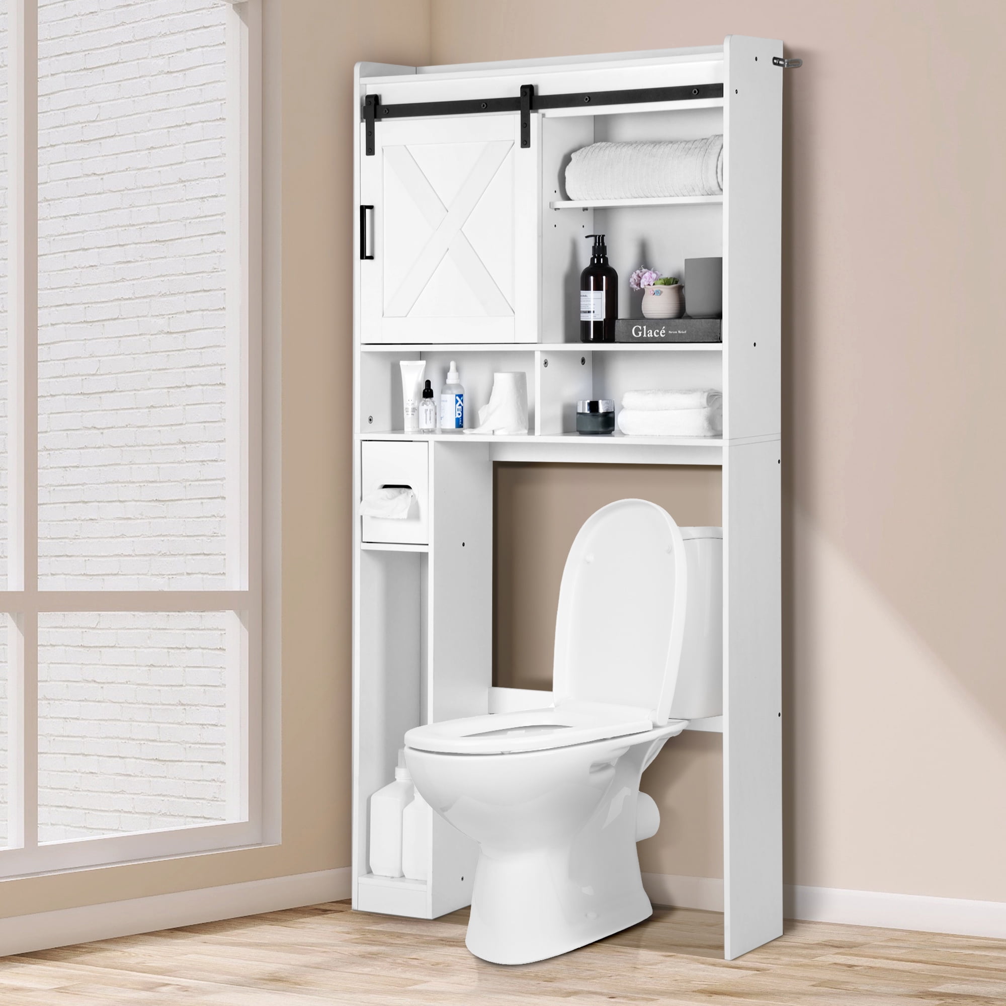 Evmore Over the Toilet Storage Cabinet, Freestanding Bathroom Organizer with Adjustable Shelves, Waterproof, 65" H x 32" D x 7.7" W, White