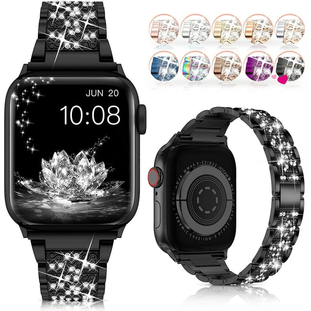 Bracelet Compatible with Luxury Diamond Stainless Steel Metal Watch Band with Diamond Bezel Ring Protective Case