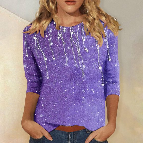 PNTUTB Women's 3/4 Sleeve Round Neck Top/Shirt Printed Round Neck Long Sleeve Basic Tees Blouses