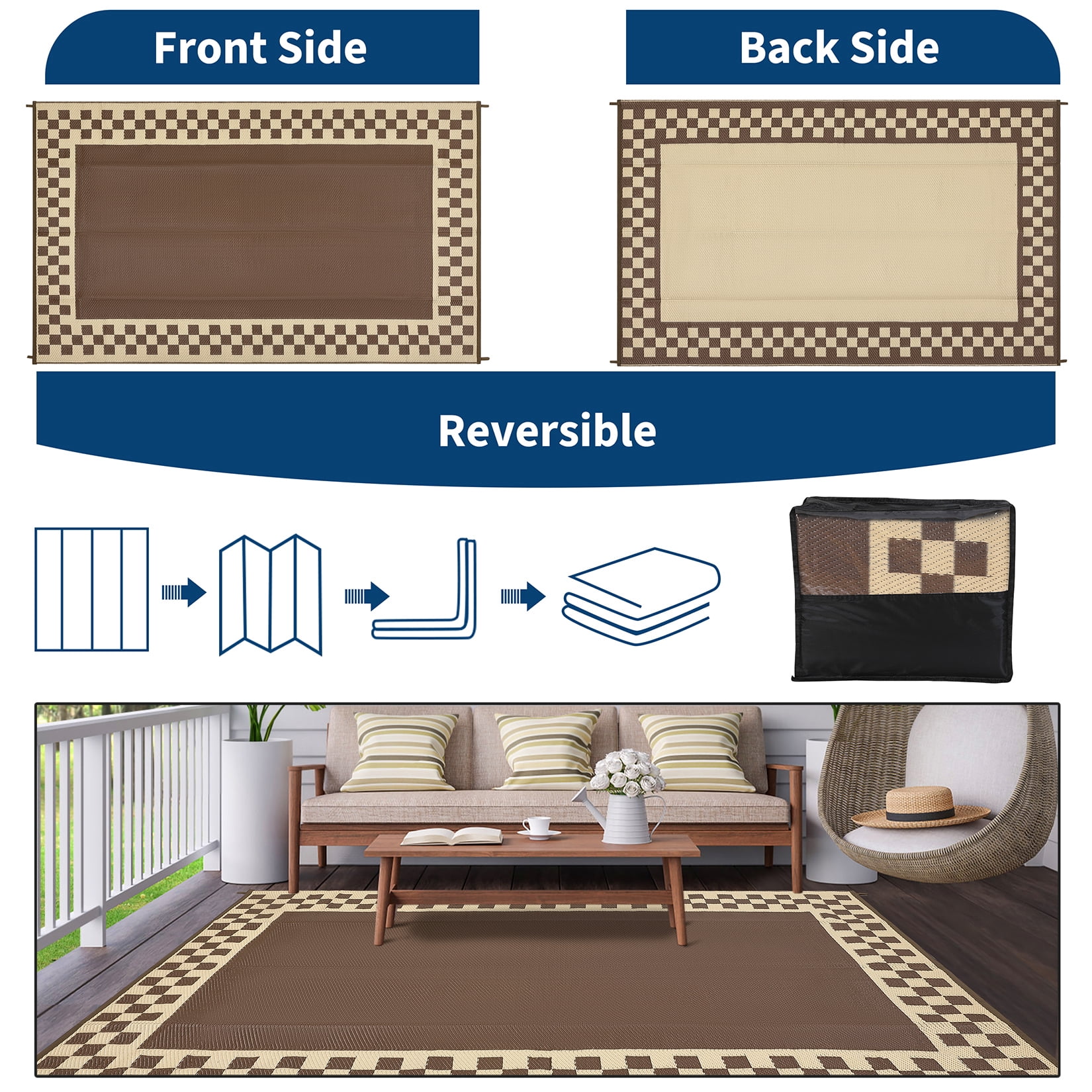 HIWEAVER 9' x 12' Brown Outdoor Rug PP Plastic Straw Woven Waterproof Patio Rug with Border Portable Outside Carpet for Balcony Deck Picnic Garden Decor