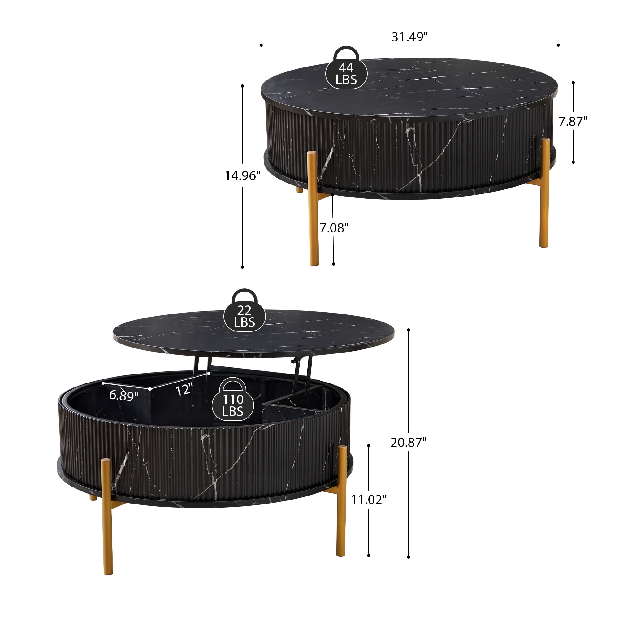 YOCWO 31.5" Lift Top Coffee Table for Living Room with Wave Base, Mordern MDF Round Coffee Table for Apartment Small Space with Marble Veneer Finish, Black