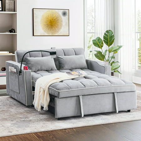 Muumblus Pull Out Sofa Bed with Swivel Phone Stand, USB Port, 3-in-1 Convertible Futon Sofa Bed, Loveseat Sleeper for Living Room/Apratment, Gray Velvet