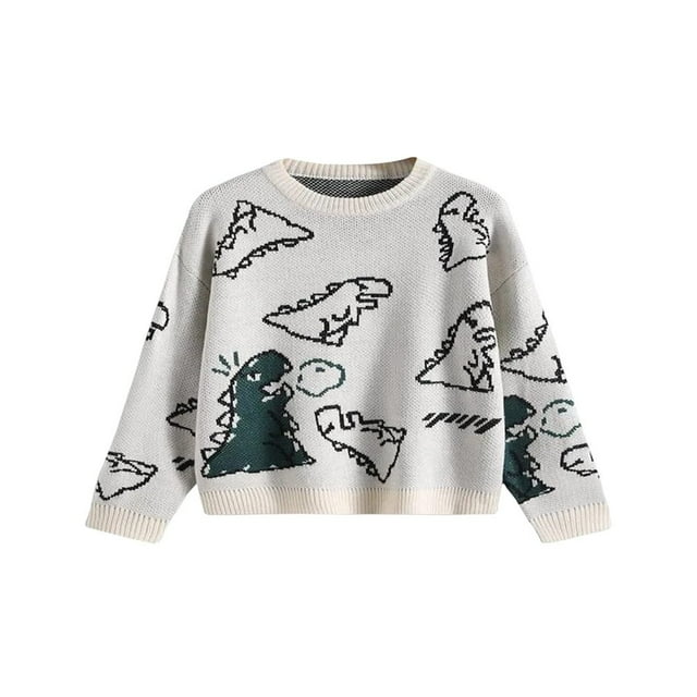 AMERTEER Hauts Décontractés en Tricot pour Femmes Imprimé Dinosaure Col Rond Manches Longues Chandail Décontracté pour Printemps Automne
