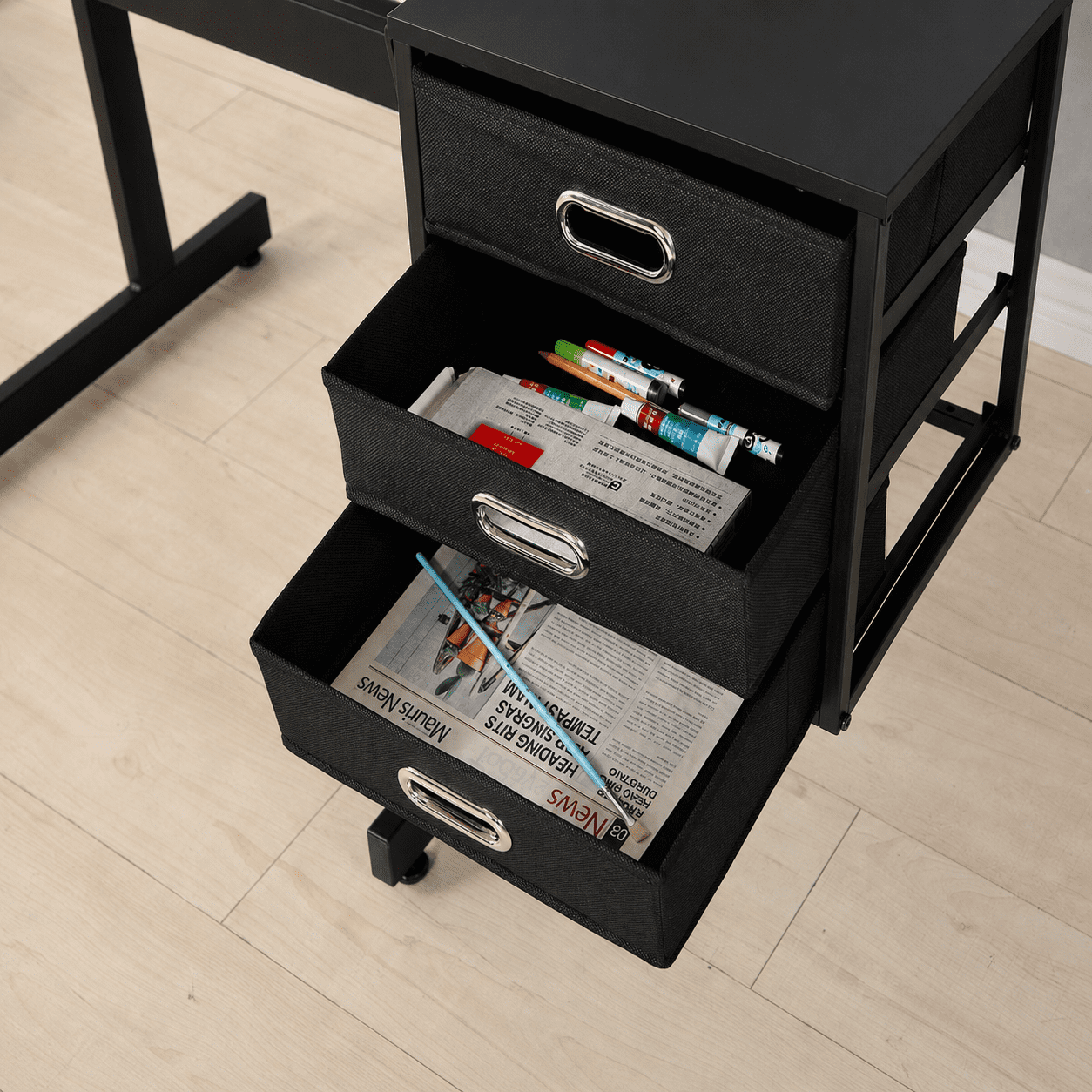 Black tabletop Adjustable drafting drawing table for Crafting, Reading, Writing with stool and 3 Storage drawers